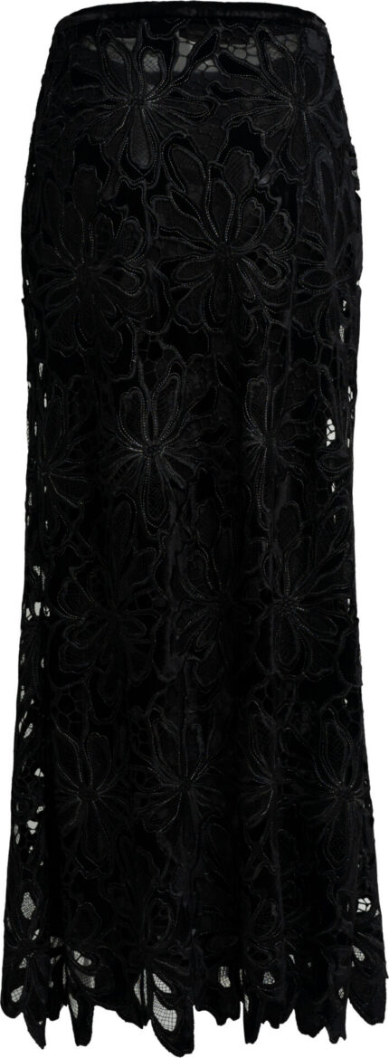 Schwarzer Maxi-Rock aus floraler Spitze mit Scallop-Saum