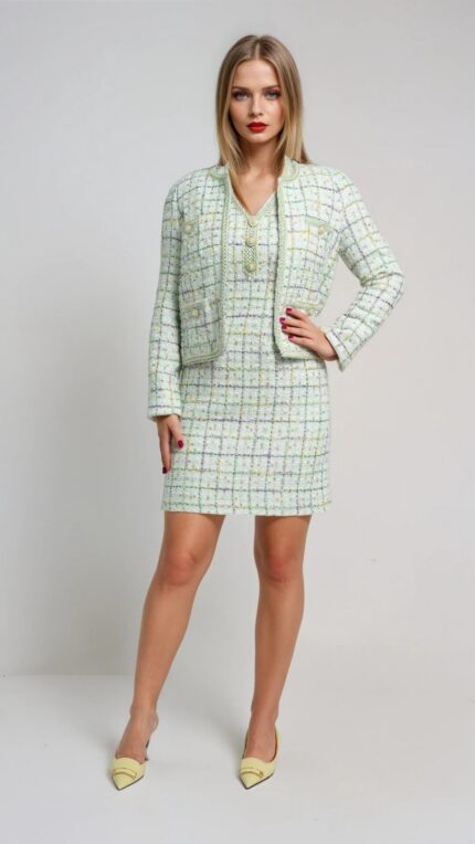 Tweedjacke in Pastellgrün mit Multicolor-Karo & Schmuckknöpfen – Bild 2