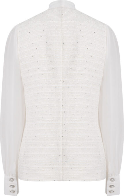 Bouclé-Bluse mit Schleifenkragen und Schmuckknöpfen – Bild 3