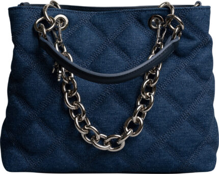 Gesteppte Denim-Shopper-Tasche mit Kettendetail