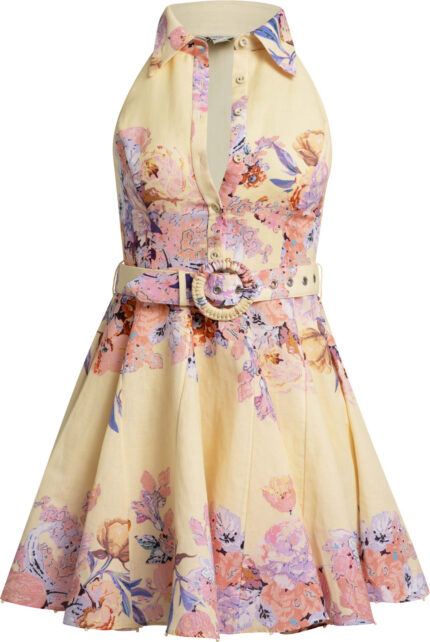 Floral Print Linen-Cotton Mini Shirt Dress in Pastel Yellow<br>