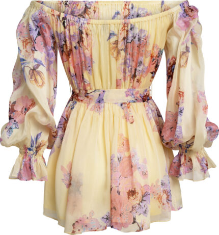 Off-Shoulder Mini-Kleid aus Viskose mit floralem Print in Pastellgelb