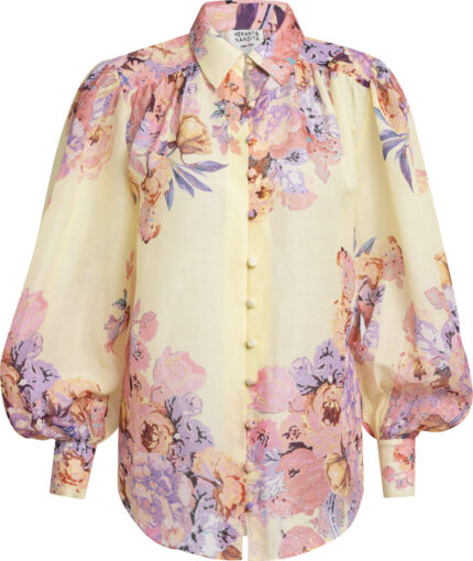 Pastel Floral Viscose-Linen Blouse with Voluminous Sleeves<br>