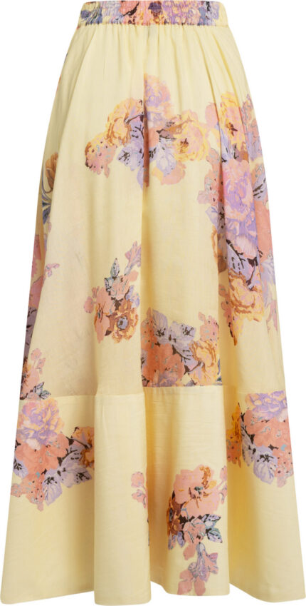 Floraler Midirock aus Viskose-Leinen in Pastellgelb mit fließender Weite – Bild 3