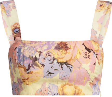 Floral Viscose-Linen Crop Top with Wide Straps in Pastel Yellow<br>