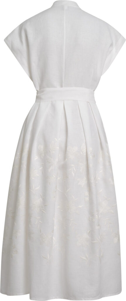 Weißes Leinen-Hemdblusenkleid mit Bindegürtel und Ton-in-Ton Stickerei – Bild 3