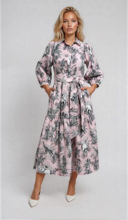 Rosa Midi-Hemdblusenkleid aus Baumwolle mit Safari-Print und Bindegürtel – Bild 2
