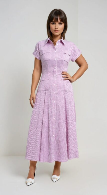 Rosa gestreiftes Hemdblusenkleid in Midilänge mit Taillennaht und Volumenrock – Bild 2