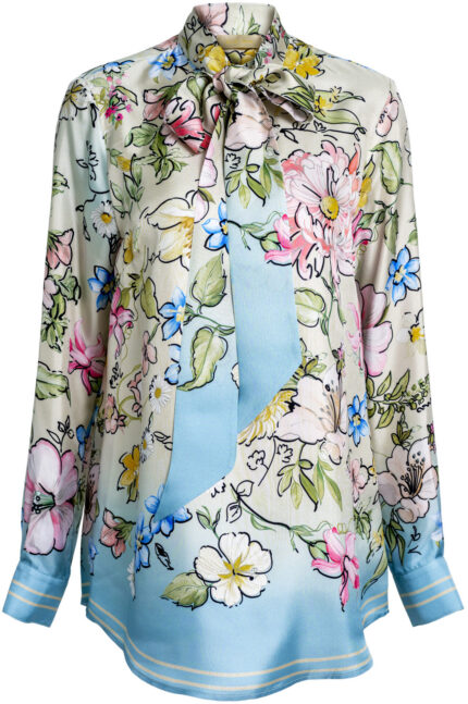 Seidenbluse mit Schleifenkragen und floralem Print