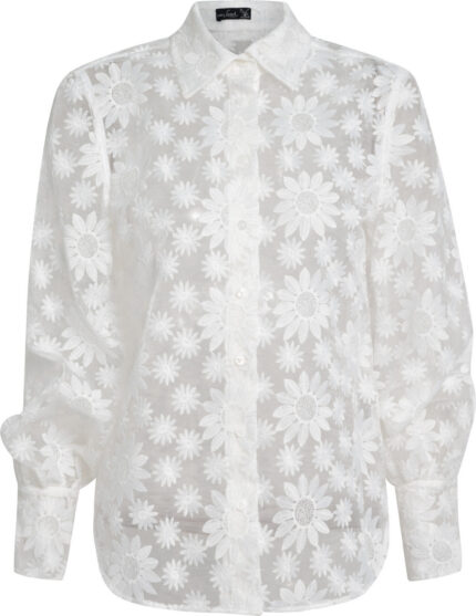 Sheer Embroidered Blouse with Floral Motif and Voluminous Sleeves<br>