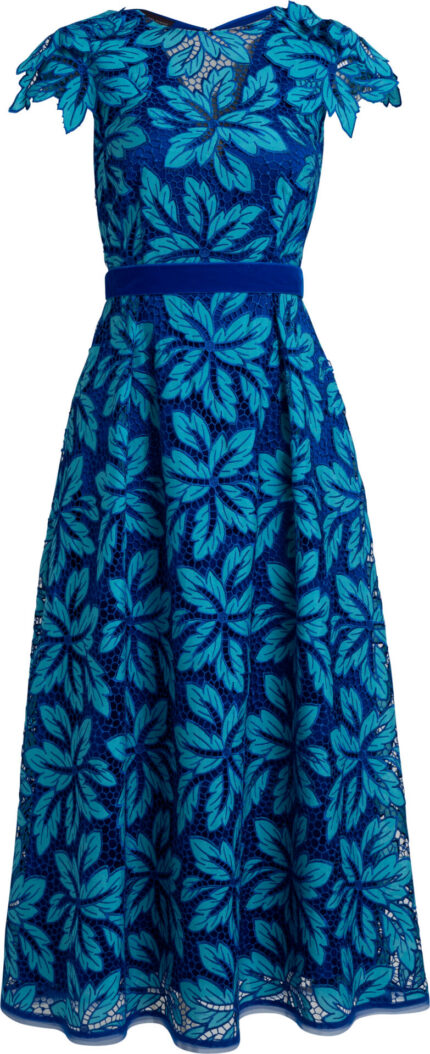Blaues Spitzenkleid in Midilänge mit floralem Blattmuster und Taillenband