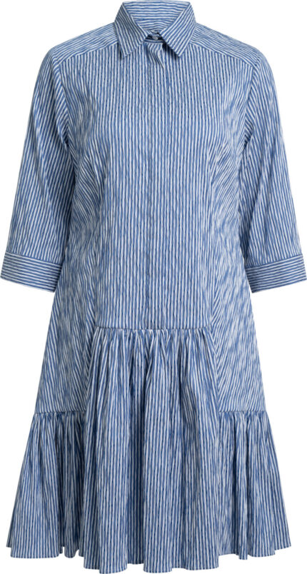 Blue Striped Shirt Dress with Flounce Hem and 3/4 Sleeves<br>