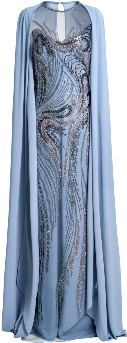 Abendkleid mit Paillettenstickerei und fließendem Cape