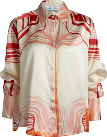 Seidenbluse mit grafischem Print und verdeckter Knopfleiste