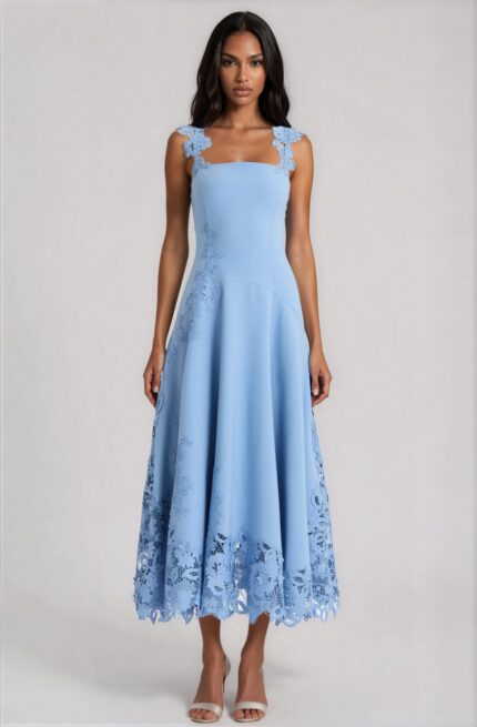 Midikleid aus Schurwollmix mit floraler Spitze – Bild 2