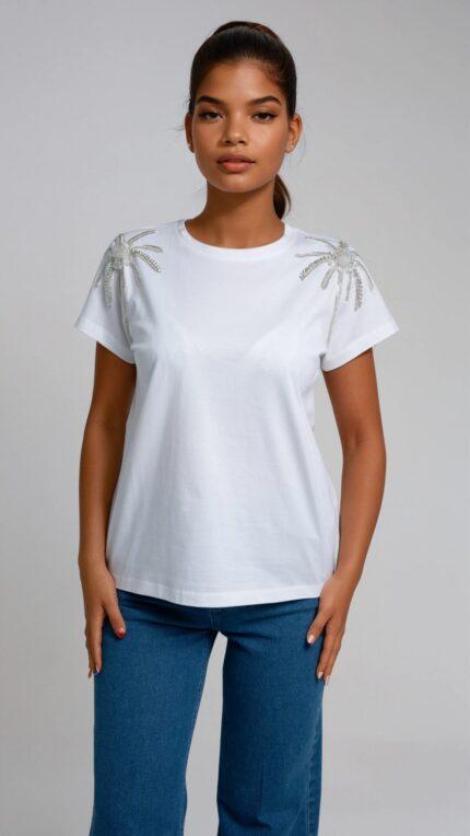 T-Shirt aus Baumwolle mit Perlenstickerei – Bild 2