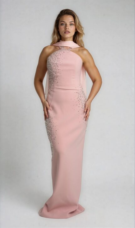 Bodenlanges Abendkleid mit Schmuckbesatz und passendem Schal – Bild 2