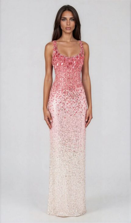 Pailletten-Abendkleid mit Farbverlauf und Schmuckträgern – Bild 2