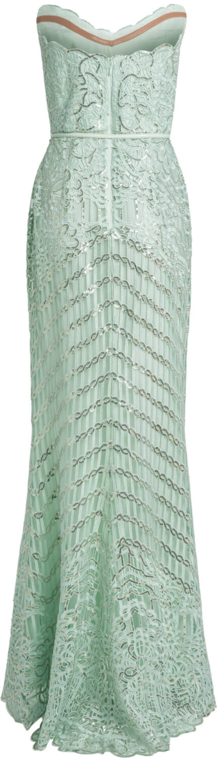 Bodenlanges Bustierkleid aus Spitze mit Paillettenstickerei und Taillengürtel – Bild 3