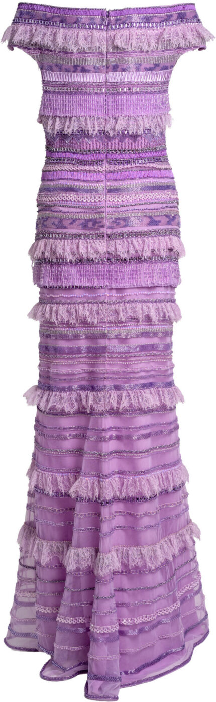 Bodenlanges Off-Shoulder-Abendkleid mit Fransen, Spitze und Perlenstickerei – Bild 3