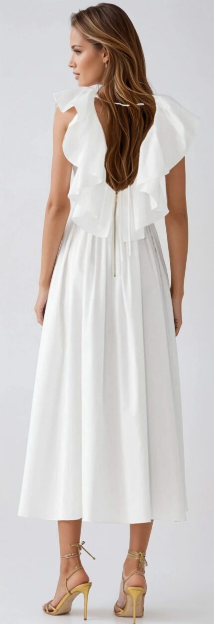 Midi-Kleid aus Baumwollmix mit Volantdetails und offenem Rücken – Bild 2