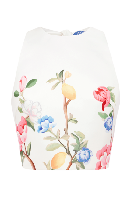 Backless Top with Bow Detail and Floral Lemon Vine Print<br/>