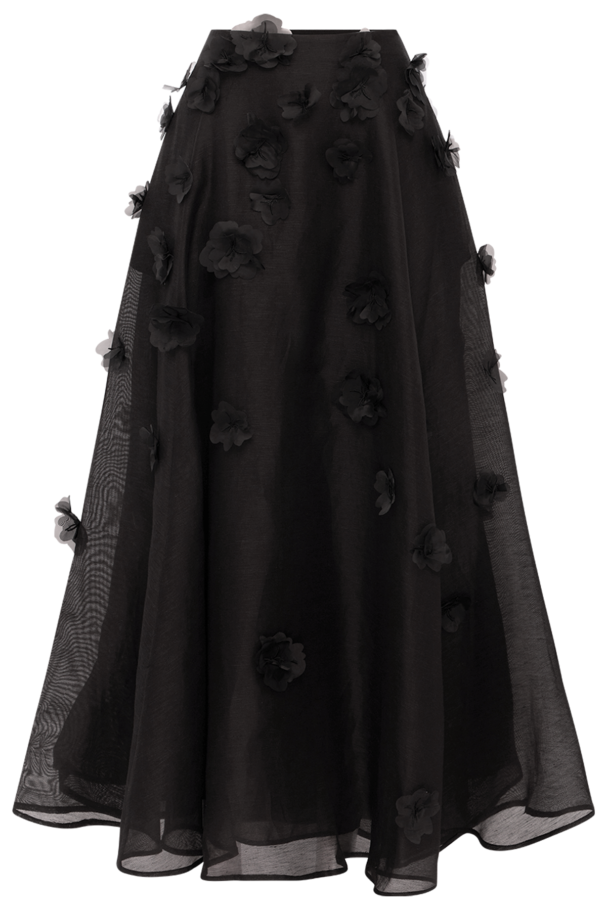 LLPF260413_Leila-Petal-Midi-Skirt_Ebony Transparenter Midi-Rock mit 3D-Blütenapplikationen – Bild 1