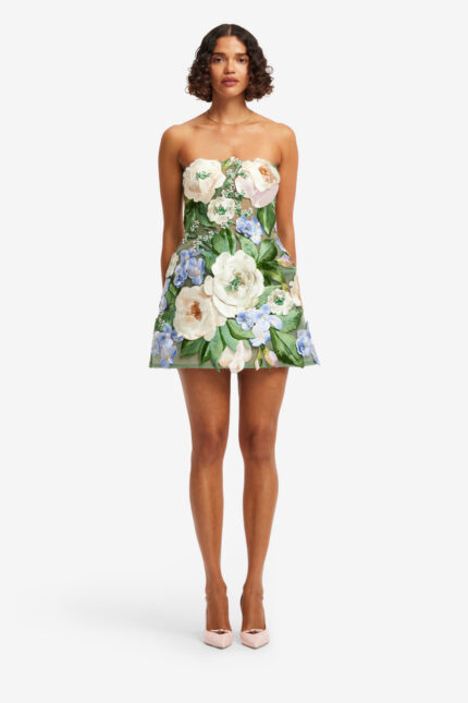Florales Bustier-Minikleid mit handbestickten 3D-Blüten – Bild 3