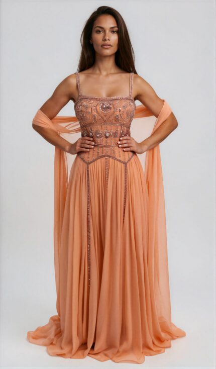 Seiden-Abendkleid mit besticktem Bustier und Stola – Bild 2