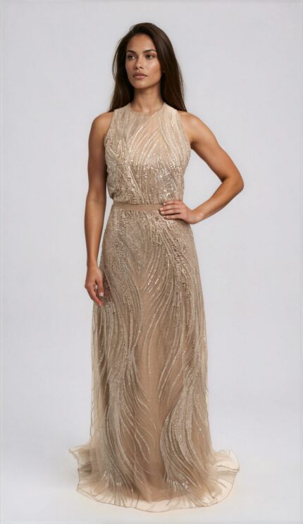 Abendkleid mit Paillettenbesatz und fließendem Rock – Bild 2