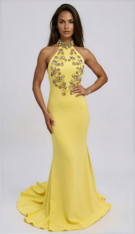 Neckholder-Abendkleid mit Schmuckstickerei und Schleppe – Bild 2