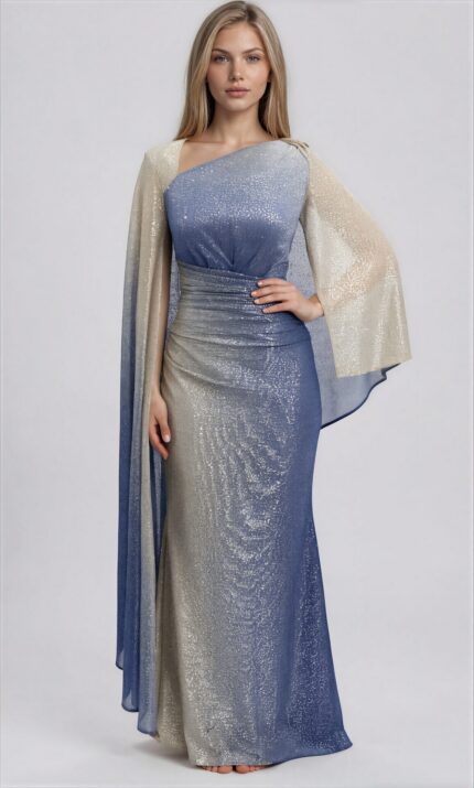 Abendkleid mit asymmetrischem Ausschnitt und Cape – Bild 2