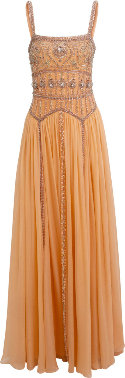 Seiden-Abendkleid mit besticktem Bustier und Stola