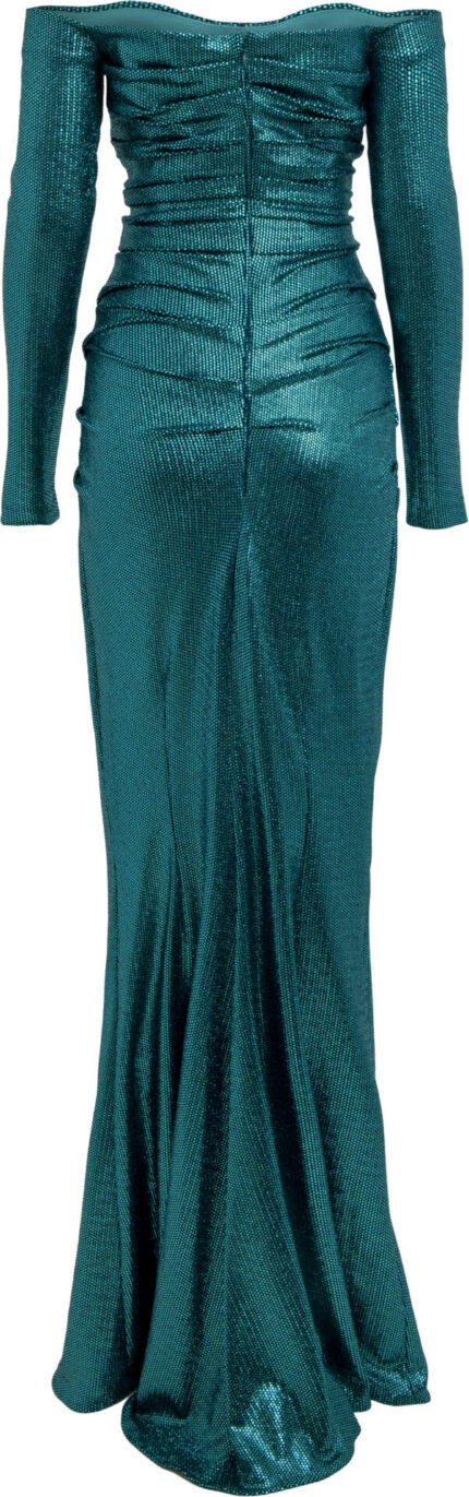 Abendkleid mit Off-Shoulder-Ausschnitt und schimmernder Struktur – Bild 3