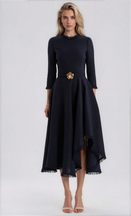 Asymmetric Bouclé Midi Dress with Floral Buckle<br/> - Image 2