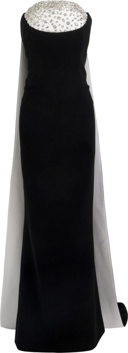 Trägerloses Abendkleid mit Schmuckbesatz und Schleppe
