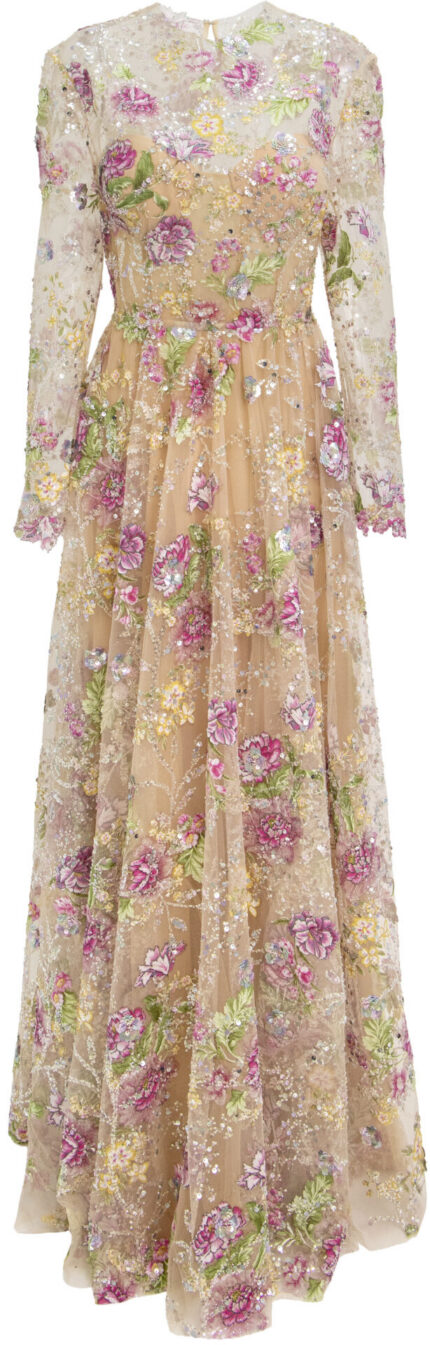 Abendkleid mit floraler Stickerei und langem Arm