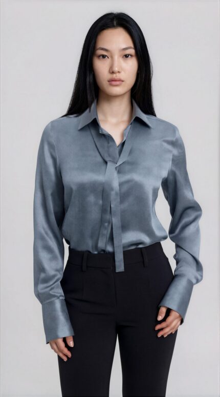 Silk Blouse with Denim Effect and Tie Neck<br/> - Image 2