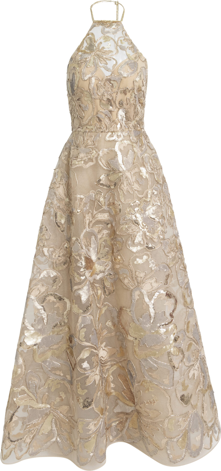 D1336NP26YA071_gold_7499_A Bodenlange Abendrobe mit Neckholder und floraler Stickerei – Bild 1