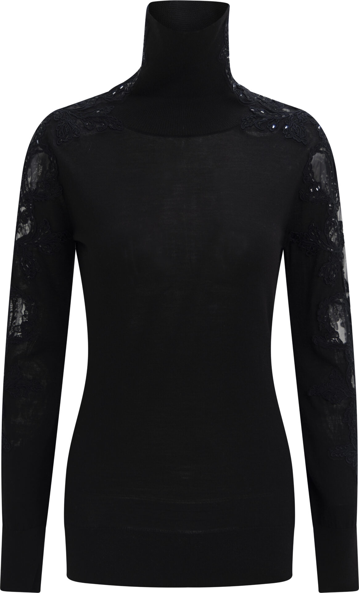 D495M310APCTATL_schwarz_2179_A Feinstrick-Rollkragenpullover aus Schurwolle mit Spitzenapplikationen – Bild 1