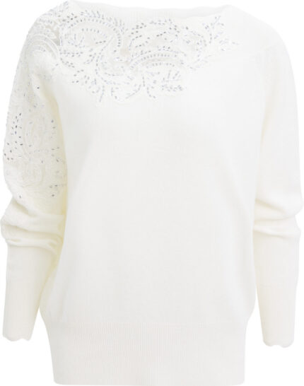 Kaschmirpullover mit asymmetrischer Spitzen- und Glasverzierung