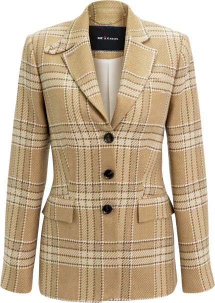 Luxuriöser karierter Blazer aus Seide und Kaschmir mit Lammlederdetail am Kragen