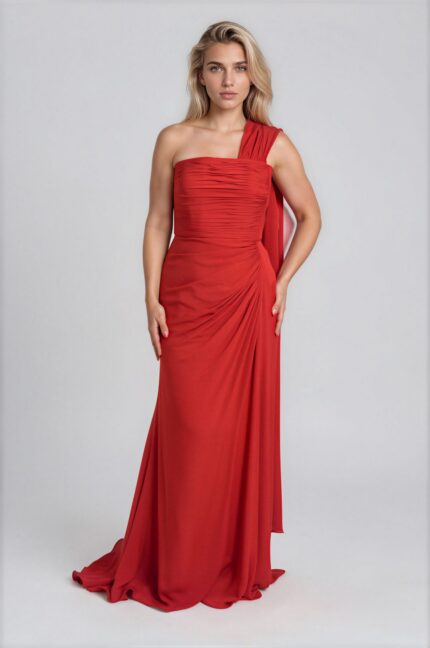 Floor-Length Silk Evening Gown with One-Shoulder Draping<br/> - Image 2
