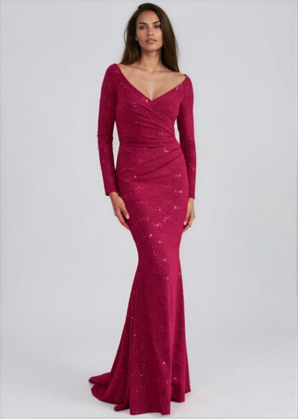 Draped Sequin Evening Gown with Train<br/> - Image 2