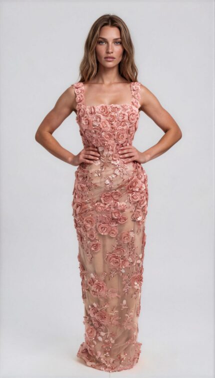 Abendkleid mit 3D-Blütenstickerei und Paillettenbesatz – Bild 2