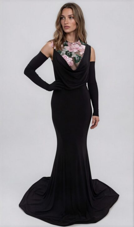 Abendkleid mit floraler Stickerei und Drapierung – Bild 2