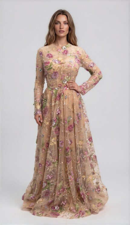 Abendkleid mit floraler Stickerei und langem Arm – Bild 2