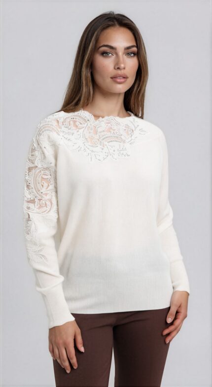 Cashmere Sweater with Asymmetric Lace and Glass Embellishment<br/> - Image 2