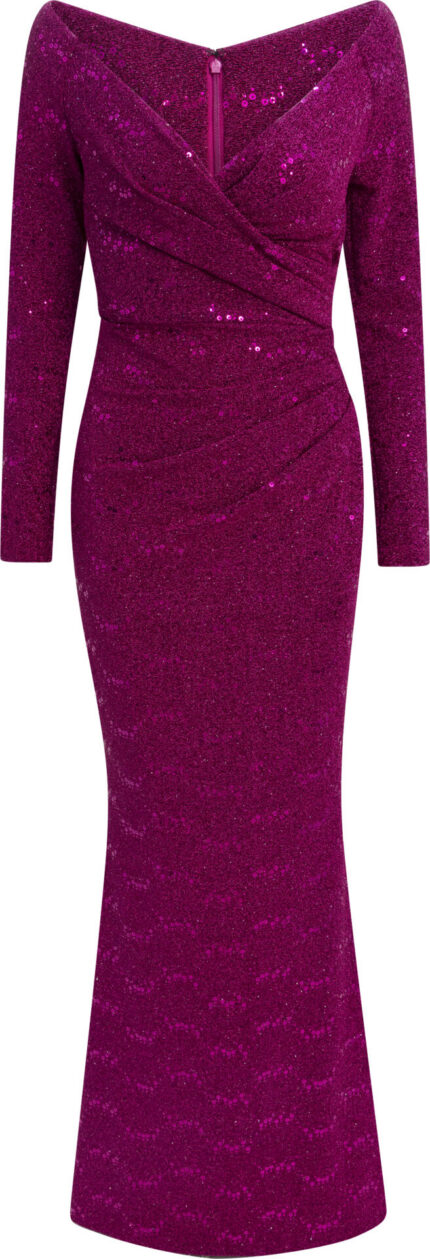 Pailletten-Abendkleid mit Drapierung und Schleppe