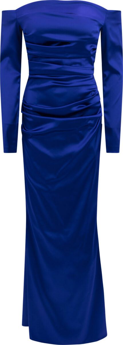 Bodenlanges Satin-Abendkleid mit Carmen-Ausschnitt und Drapierung